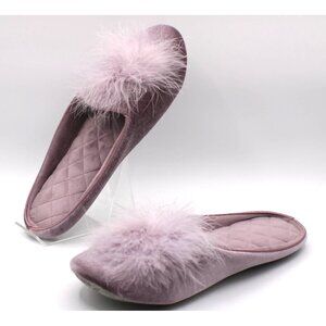 Velour Slippers Feather Pom Pom Quilted Insole Women 7-8 Lavendar Purple Cozy